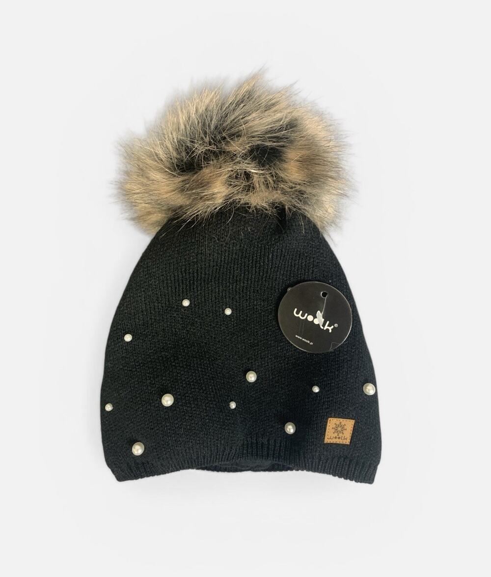 NWT Woolk Black Knit Beanie Pearl Embellishment, Faux Fur Tan Pom Pom Ski Hat